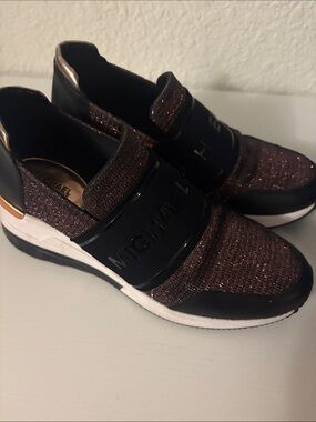 Michael Kors Bronze Glitter Slip-On Sneakers with Black Logo Band